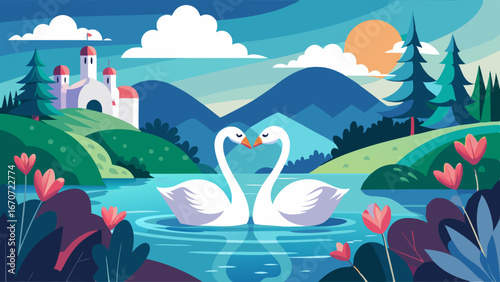 love swans on the lake vector illustration