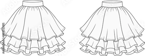 Fashion ruffle skirt flat sketch, layered mini skirt design, black and white clothing template, stylish apparel drawing for designers