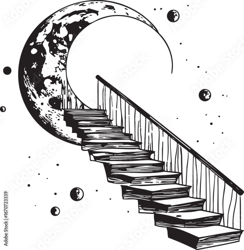 Surreal outline of floating stairs leading to moon. Minimalist architectural concept vector
