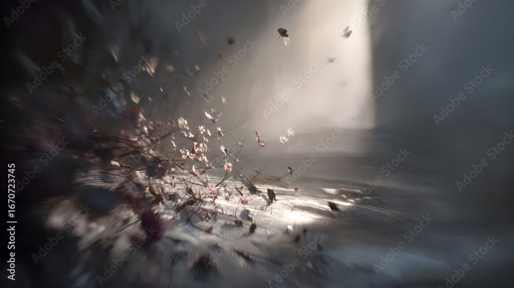 Naklejka premium A dramatic scene depicts a whirlwind of small, delicate blossoms and dried leaves, swirling around a cluster of plant stems, bathed in soft, ethereal light.