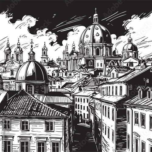 European cityscape in outline style with domes and historic buildings