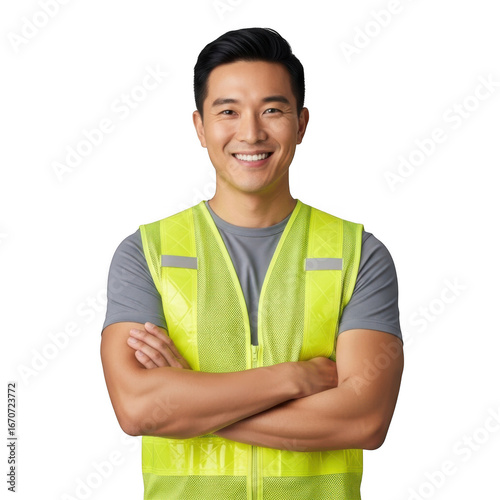 Smiling asian man wearing yellow safety vest with arms crossed confident professional worker on duty