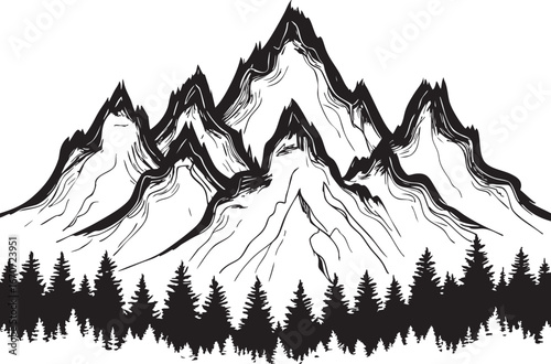 Hand-drawn mountain peak outlines. Layered summits with treeline in vector format