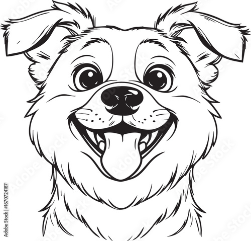 Cheerful dog portrait outline illustration. Vector line art of happy excited pet with wagging tail and playful expression in minimalist style.