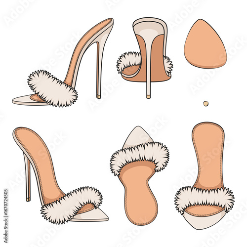 Set of color illustrations with white clogs, sandals with heels and fur. Isolated vector objects on white background.
