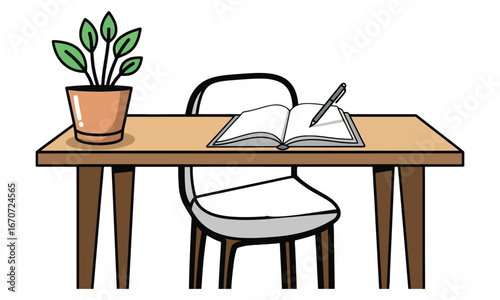 Simple Desk with Open Book and Potted Plant table chair