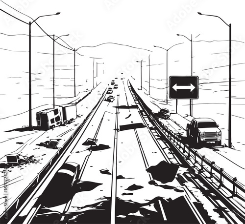 Outline vector of deserted highway. Post-apocalyptic motif with abandoned vehicles.