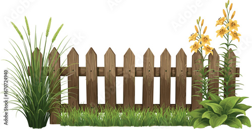 Rustic wooden garden fence with green grass and blooming yellow flowers, isolated on white background, perfect for landscaping designs.