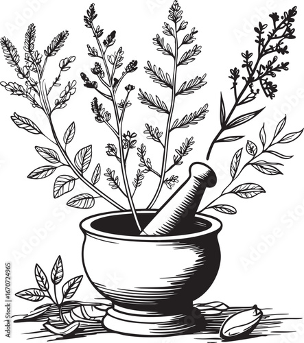 Ayurvedic herbal outline vector. Healing plants and tools in minimal black line style.