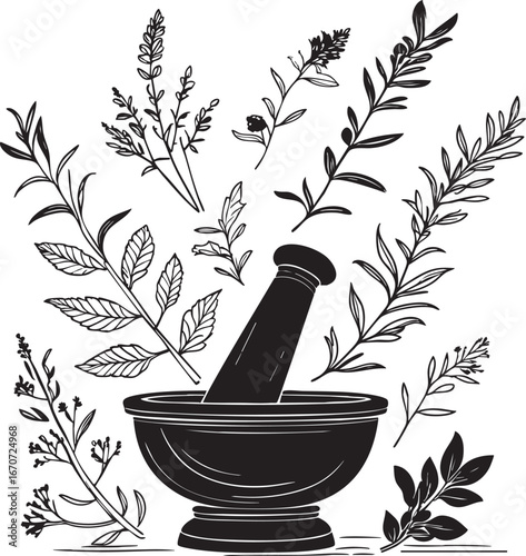Ayurvedic herbal outline vector. Healing plants and tools in minimal black line style.