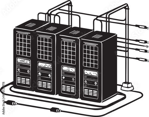 Digital infrastructure outline. Vector of server racks and fiber optic lines.