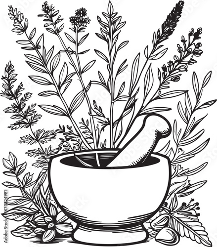 Ayurvedic herbal outline vector. Healing plants and tools in minimal black line style.