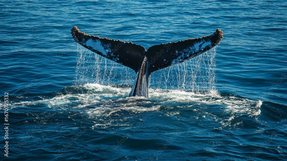 Obraz premium Majestic humpback whale tail fin rising above the ocean marine wildlife nature photography calm waters underwater perspective capturing beauty