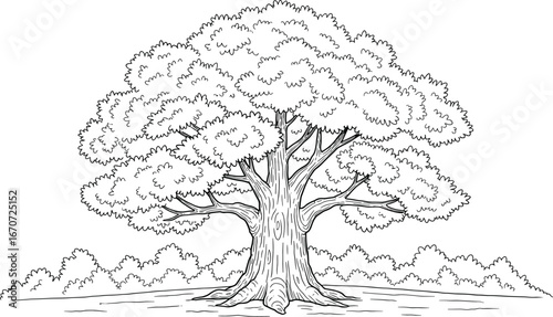 Black and white detailed sketch of a large tree with thick trunk and full leafy canopy, ideal for nature or vintage themes.