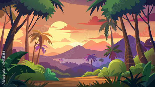 rainforest or tropical forest at sunset time scene