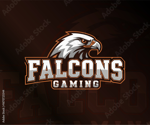 A detailed eagle head with "Falcons" text, a sleek and classic gaming logo.