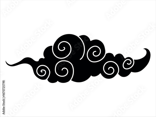Smoke. Black Asian cloud with moon, sun and stars. Japanese Korean Chinese cloud style. Asian traditional ornaments. Vector illustration