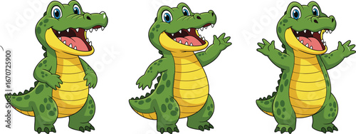 Cartoon crocodile illustration, cute green alligator character, smiling reptile mascot vector art, happy wildlife animal design for kids and fun
