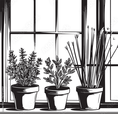 Potted herbs outline illustration. Oregano sage and chives on windowsill in vector.