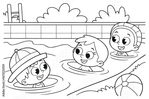  black and white illustration shows three happy children swimming in a pool.