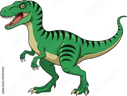 Cartoon green dinosaur with sharp teeth and stripes, funny T-Rex or velociraptor illustration, prehistoric animal clipart for kids