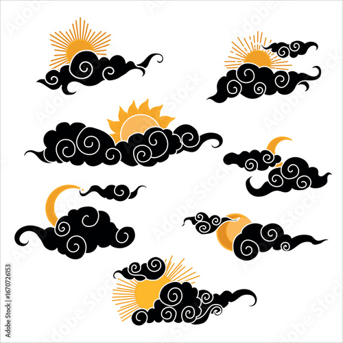 Tibetan sky. Smoke. Set Black Asian cloud with moon, sun and stars. Japanese Korean Chinese cloud style. Asian traditional ornaments. Vector illustration