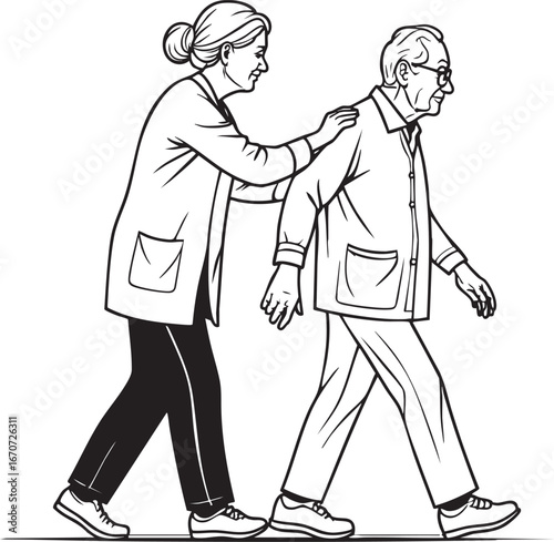 Caregiver assisting elderly person outline vector. Home care assistance line illustration for healthcare service materials.