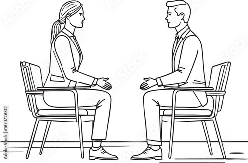 Therapist and client session outline vector. Psychotherapy consultation line illustration for mental health services.