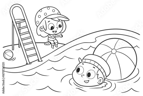  black and white illustration shows two cartoon children enjoying a day at the swimming pool