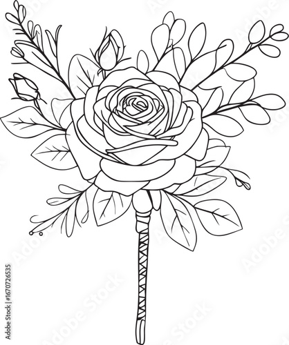 Elegant groom boutonniere outline illustration. Minimalist vector drawing of wedding lapel flower with rose and eucalyptus in continuous line style.