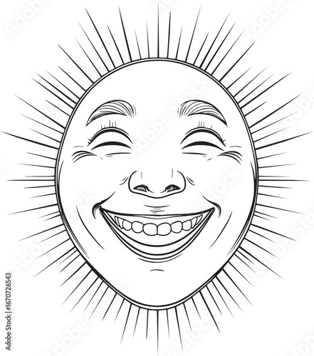 Cheerful smiling face outline illustration. Minimalist vector drawing with radiating joy expressions in continuous line art style.