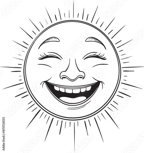 Cheerful smiling face outline illustration. Minimalist vector drawing with radiating joy expressions in continuous line art style.
