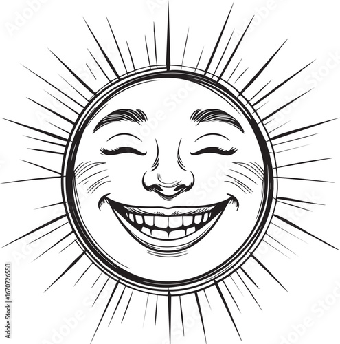 Cheerful smiling face outline illustration. Minimalist vector drawing with radiating joy expressions in continuous line art style.