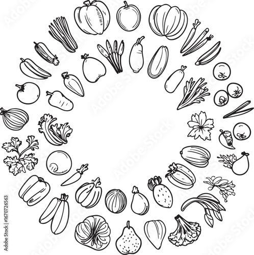 Continuous line art vegan food circle composition. Minimalist outline fruits and vegetables vector design for plant-based lifestyle.