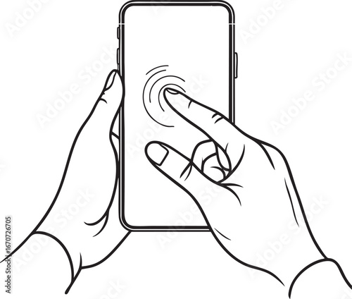 Smartphone usage outline illustration. Minimalist vector drawing of hands interacting with touchscreen in continuous line art style.