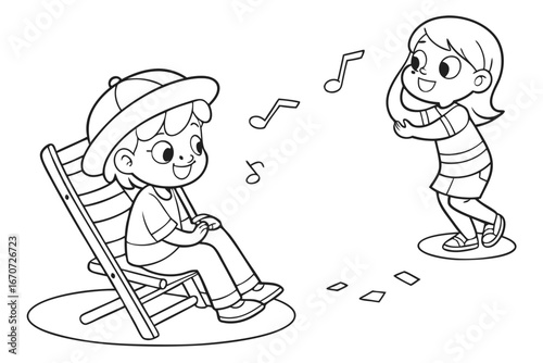 black and white illustration shows two children enjoying music outdoors.