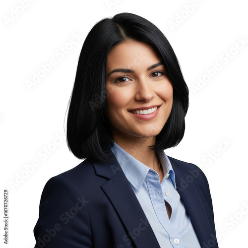 Professional woman smiling confidently in a business suit portrait on a dark backdrop capturing success