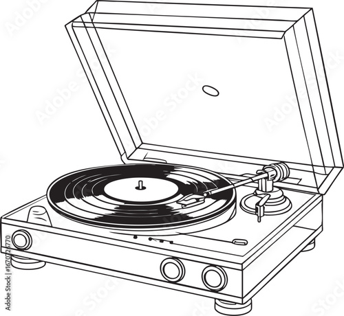 Vintage record player outline vector illustration. Minimalist geometric drawing of retro turntable with vinyl record.