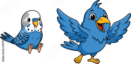Cute cartoon blue parrot and happy blue bird illustration isolated on white background, adorable vector art for children designs