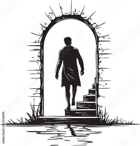 Entering unknown outline. Curiosity concept in minimalist black and white vector with keyhole door.