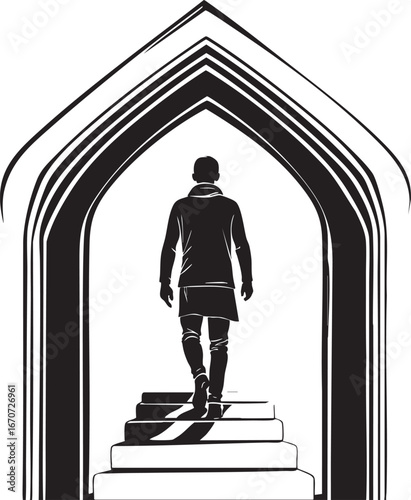 Entering unknown outline. Curiosity concept in minimalist black and white vector with keyhole door.