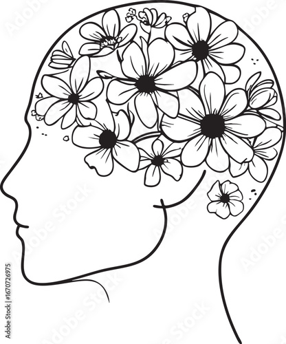 Emotional growth outline. Conceptual black and white vector with flowers blooming in mind.