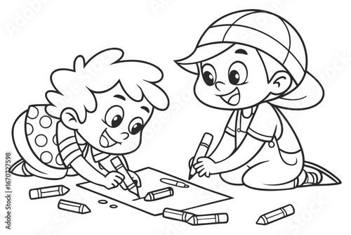 black and white illustration of two children, a boy and a girl, happily drawing together on a large piece of paper.