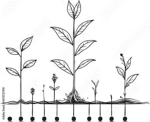 Plant growth stages outline illustration. Personal evolution timeline from seed to bloom showing development progression.
