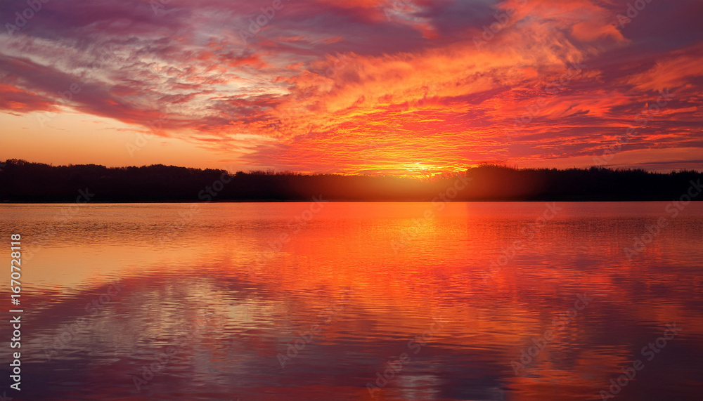 Obraz premium sunset water reflection orange pink hues