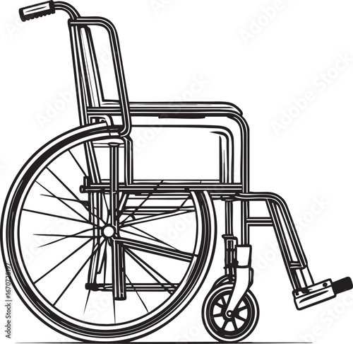 Manual wheelchair outline. Side view minimalist vector illustration in black and white.