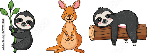 Cute cartoon sloth and kangaroo illustration, adorable animal clipart with baby kangaroo and sloth drawings for kids books and stickers