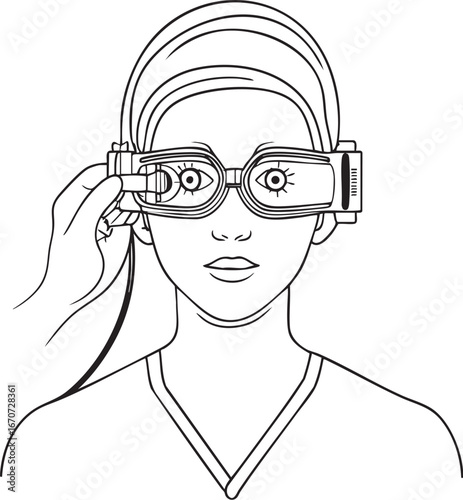 Outline vector of glaucoma eye test. Line art of tonometer exam in clinic setting.