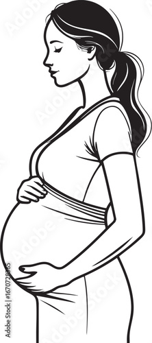 Pregnant woman outline vector. Minimalist line art side view with baby bump.