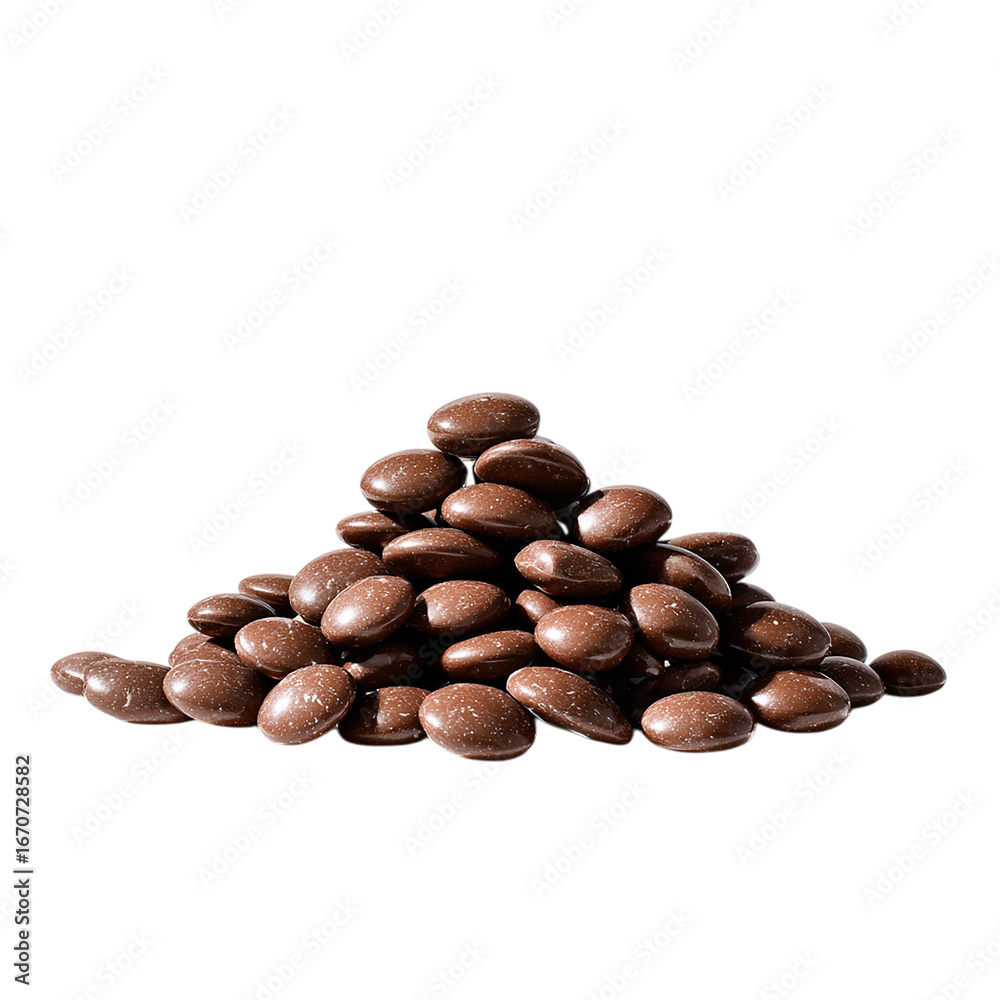 Naklejka premium Milk Chocolate Callets A CloseUp View of a Pile of OvalShaped Chocolate Pieces Against a Black Background isolated on transparent background
